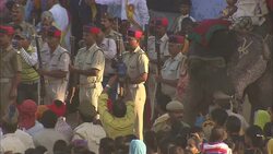Armed military members stand near decorated elephants and a huge crowd gathered for Diwali in India. Stock Footage