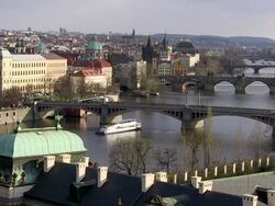 WS Passenger ferry flowing in river / Prague, Hlavni mesto Praha, Czech Republic Stock Footage