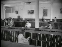 B/W 1944 workers looking thru files of stamps in War Bond office / Chicago / World War II Stock Footage