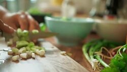 Cutting Spring Onions on a cutting board for Nasi Goreng Stock Footage
