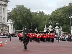 Grenadier Guards Band at the Changing of the Guard Ceremony at Buckingham Place in London Stock Footage