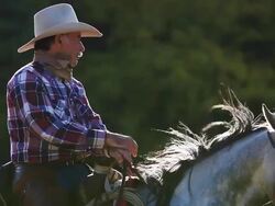 Cowboy Sitting on horse with wind blowing Stock Footage