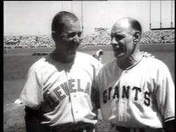 B/W close up of 2 pro baseball managers (Al Lopez, Leo DeRocher) / 22nd Annual All Star Game / SOUND Stock Footage