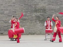 LS PAN Chinese Folk Musicians-using gongs and drums/xian,shaanxi,China Stock Footage
