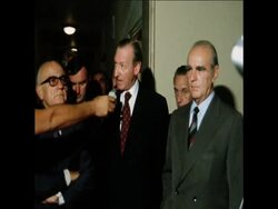 UPITN 28 8 74 WALDHEIM, MAVROS AND KARAMANILIS AT MEETING News Clip