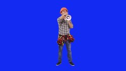 Handyman talking through a megaphone Stock Footage