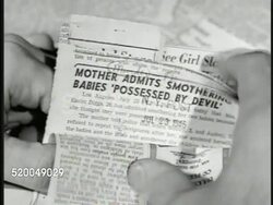 1946: VIOLENT CRIMES CLIPS: Male fingers flipping through stack of article clippings, all titles about murder, killing. PHYCHIATRY CLIPS: Male fingers flipping through article clippings, titles related to mental illness, psychiatric treatment, clinics Instructional Video