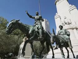 Don Quijote and Cervantes Monument in Madrid Stock Footage