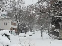 Street with houses in the winter - snow Stock Footage