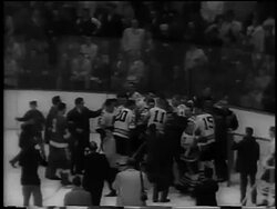 B/W 1961 high angle Blackhawks celebrating on ice after beating Redwings in Stanley Cup / Detroit / newsreel Stock Footage
