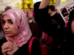 January 23, 2009 MS CU Young women shouting during protest against Israel's attack on Gaza Strip/ Washington DC/ AUDIO Stock Footage