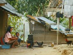 MS SLO MO Shot of woman and boy sitting near cooking fire with chickens pecking and moving around / Muang Ngoi, Luang Prabang, Laos Stock Footage