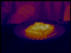 Thermographic image, CU hot pie on plate being eaten, identical shots with info bar on DB 302 Stock Footage