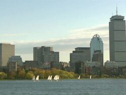 WS View of skyline of boston with sailing boats / Boston, Massachusetts,  Stock Footage