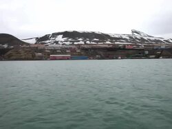 Approaching Barentsburg, second largest settlement on Svalbard archipelago Stock Footage