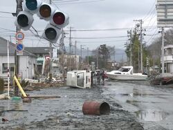 Destruction caused by tsunami after magnitude 9 Tohoku earthquake, north east Japan, March 2011. Wide shot of mud caked street in Ishinomaki City,  Miyagi Prefecture after tsunami Stock Footage