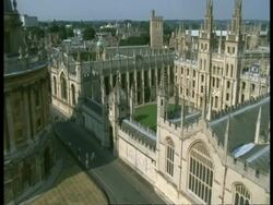 All Souls College, Oxford - MS high angle view, old buildings with spires, Radcliffe Camera Stock Footage