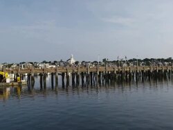 Cape Cod harbor with fishing boats and sky Stock Footage