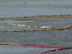 Vessels of Opportunity lay boom off Grande Isle Stock Footage