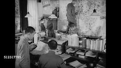 1939: JAPAN PROPAGANDA: WS Japanese administration building car leaving gates. INT WS Propaganda office workers. CU Anti-communists poster Nazi Swastika sign. MS Japanese man at desk. CU Poster Japanese writing. Instructional Video