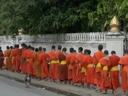 ZI Monks walking in line along sidewalk / Luang Prabang, Laos Stock Footage