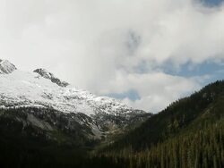  Mountains with lots of trees and a view over the tops of snowy mountains Stock Footage