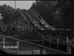 1947: LUCID BEACH PARK: CLEVELAND, OHIO: WS Cars driving through archway of Lucid Beach Park (amusement park). VS People riding wooden roller coaster, swing carousel, people watching, tea cup ride, water log ride. OH, fun, entertainment, thrill Instructional Video