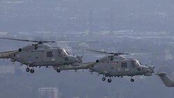 Aerials of Royal Navy Lynx helicopters over London News Clip