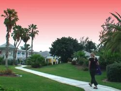 Woman walking on a tropical garden at dusk Stock Footage