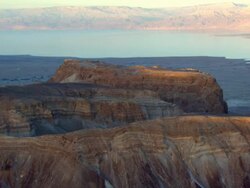 WS AERIAL POV View of mountain near dead sea / Masada, Sourn Judea Desert, Israel  Stock Footage