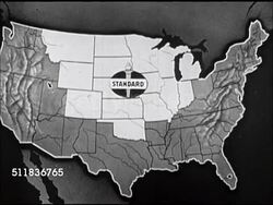1947: UNITED STATES MAP: Highlighted states being serviced by Standard Oil (Indiana), torch logo & sign.  Subsidiaries listed Utoco, Amoco, Pan Am. Instructional Video