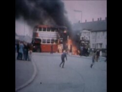 SYND 16-4-72  HI JACKED VEHICLES USED TO BARRICADE AND BLOCK ROADS INTO THE TURF LODGE ESTATE, IN BELFAST News Clip