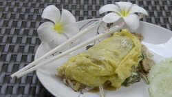 Being serve dish of Fried noodles with chicken in omelet Stock Footage