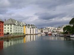Alseund, the canal to the inner harbor, and art nouveau buildings Stock Footage