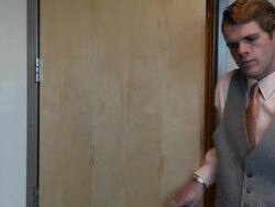 Young Male Executive Enters Door, Smiles and Walks Away Stock Footage