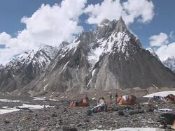 Campsite, peaks and clouds, Himalayas Stock Footage