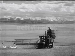 1947: AMERICAN HEARTLAND: FARMS: WHEAT: WS Wheat field w/ farmer, farm hand driving thrasher w/ mountains distant BG. Two men working on covered harvester Instructional Video