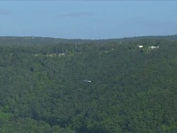 WS AERIAL ZO View of paragliding over tree covered mountain / Stanwell Park, Sydney New South Wales, Australia Stock Footage
