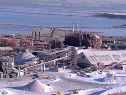 Aerial the Dead Sea salt processing industries, Judea Desert, Israel Stock Footage