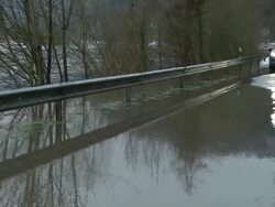  WS PAN  View of floodwater at saar river  /  Kastel-Staadt, Rhineland-Palatinate, Germany  Stock Footage