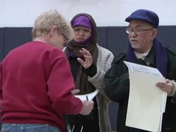 November 2, 2010 ZO Arab voters casting ballots in school gym / Dearborn, Michigan, United States Stock Footage
