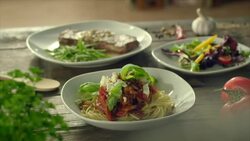 Three different meals on a table Stock Footage