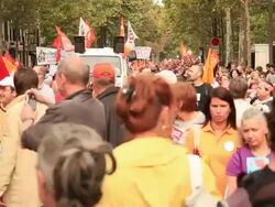 Demonstration in Paris. General strike in France 24 September 2010. Civil servants and private sector employees protesting government plans to raise the pension age from 60 to 62 years. Stock Footage