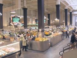 WS of historic Grand Central Market on ground floor of Homer Laughlin Building built in 1917 and continuously operational since  /Los Angeles, California, USA Stock Footage
