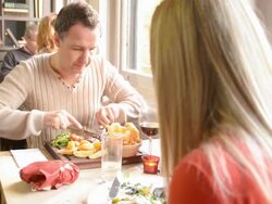MS Shot Two couples doing lunch in Gastro pub / London, England, United Kingdom Stock Footage