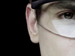 Young male scientist in hi-tec glasses, close-up Stock Footage