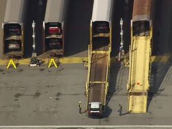 MS AERIAL Shot of car moving in containers at BMW Assembly Plant near Greenville / South Carolina, United States Stock Footage