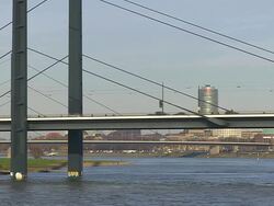WS View of Rhine river and Oberkassel Bridge at Dusseldorf / Cologne, North Rhine Westphalia, Germany Stock Footage
