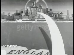 1940: TARGET ILLUSTRATION: England coastline FG w/ Germany, German buildings standing other side of channel, animated arrows depicting WWII British bomb routes, bombing raids, explosions. Instructional Video