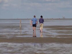 WS View of couple walking on sea ebb tide at wadden sea, North Sea North Frisia / Westerhever, Schleswig Holstein, Germany Stock Footage